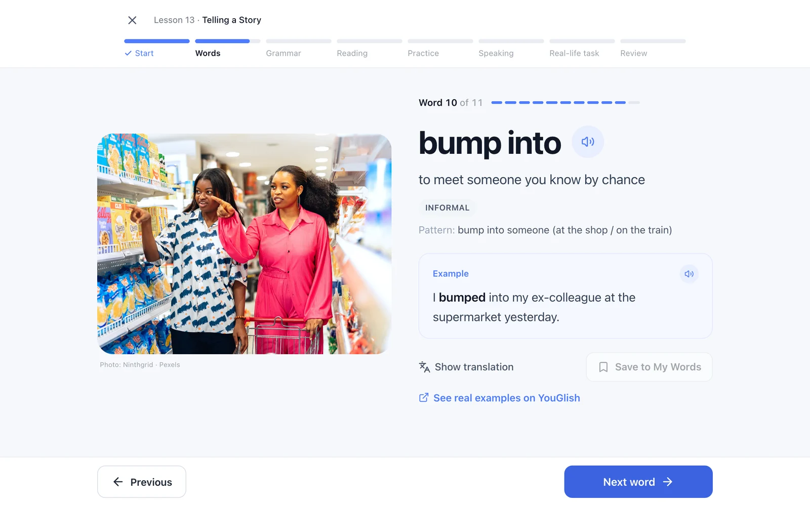 Words step: the phrase “bump into” with its meaning, an example sentence, audio and a Save to My Words button