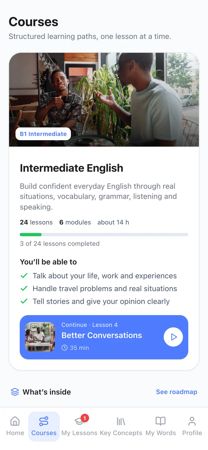 The Intermediate English course with progress and the next lesson to continue