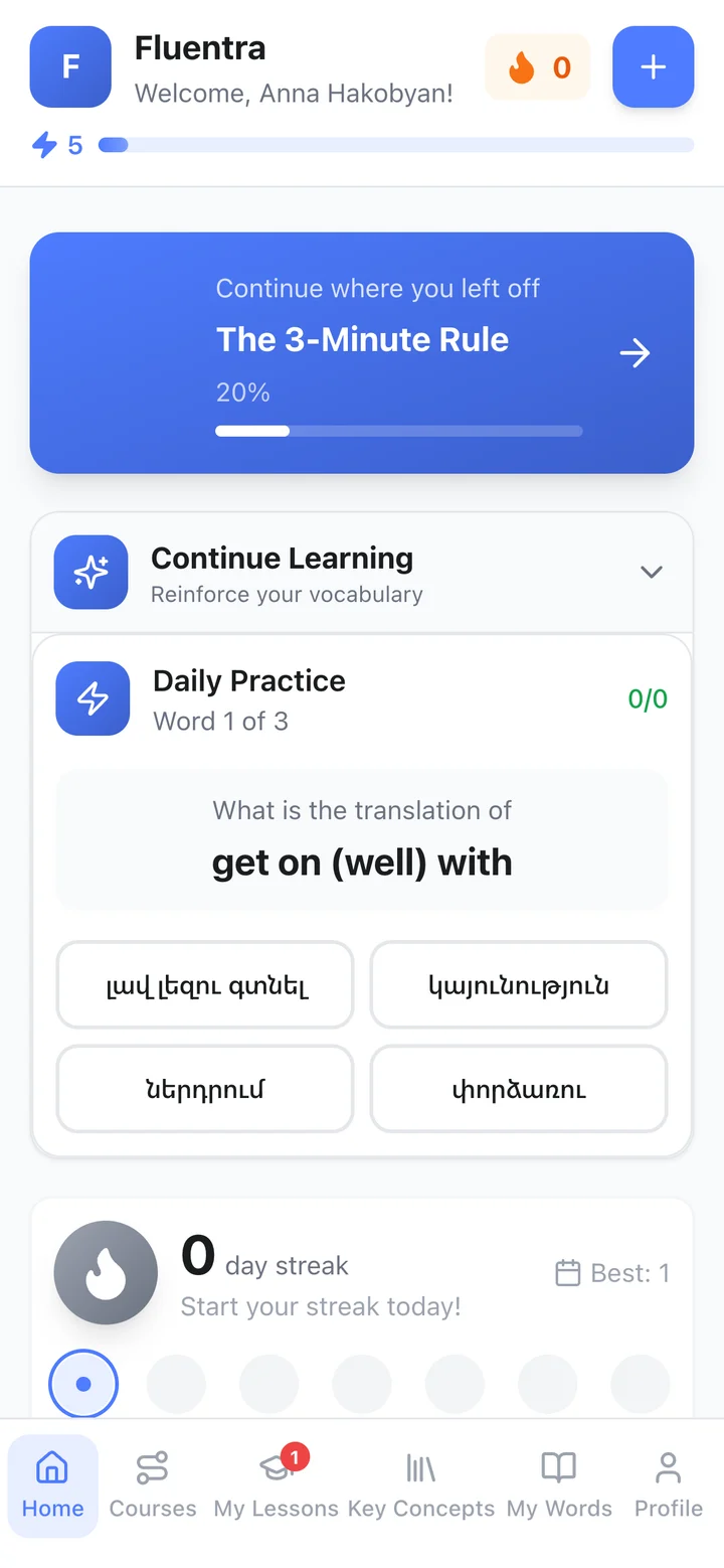 Home with Daily Practice open: a quick quiz asking for the translation of a saved word