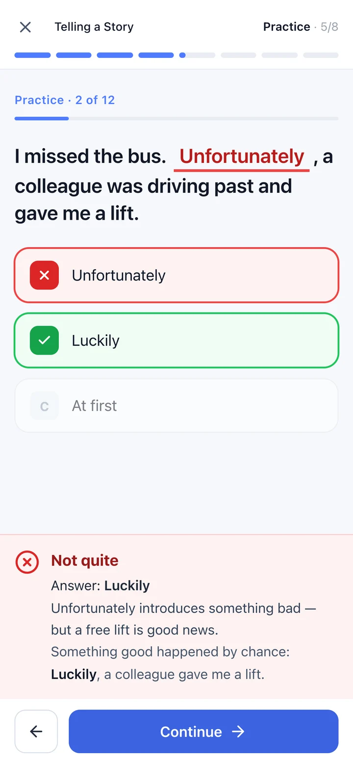 Practice feedback explaining why “Unfortunately” doesn’t fit and “Luckily” does