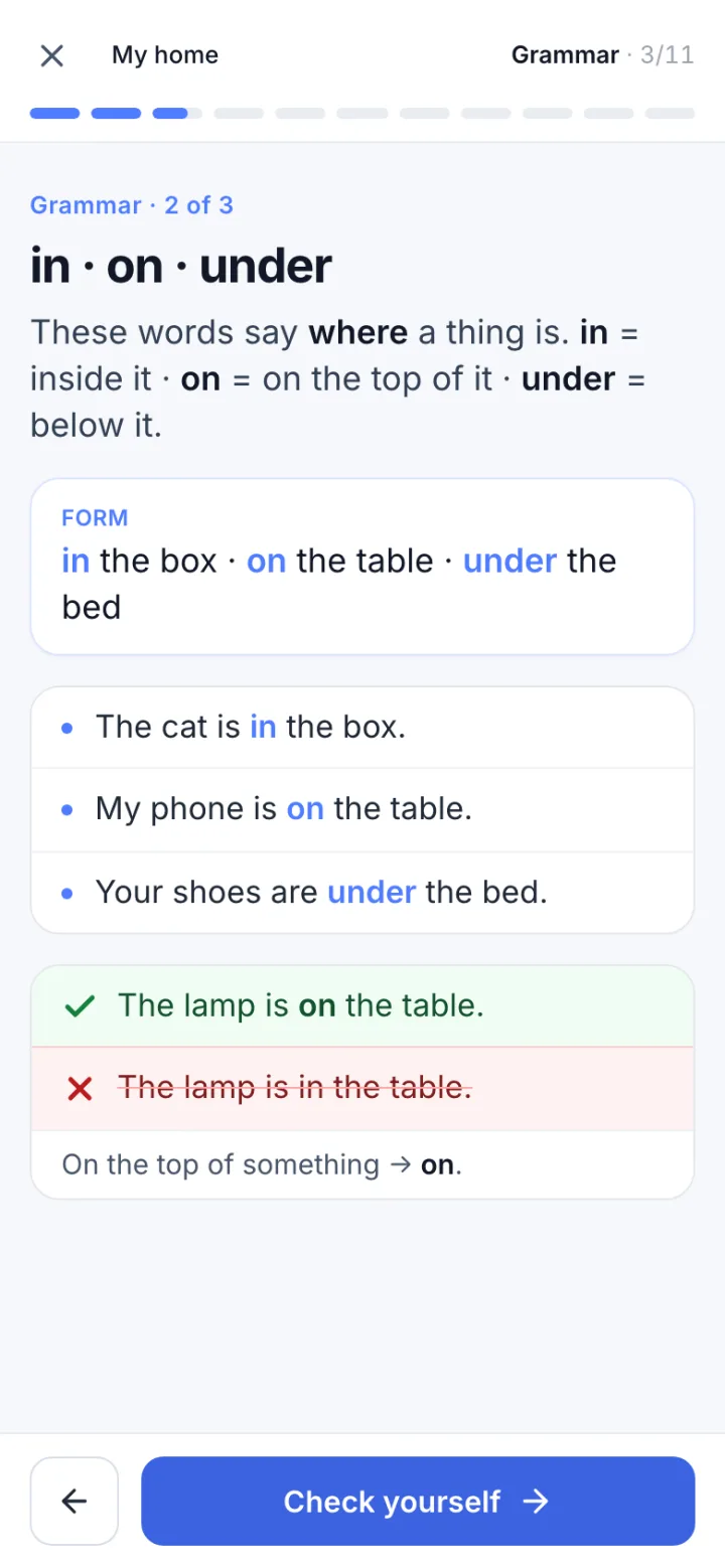 The in, on, under grammar step of Fluentra's A1 lesson My home on a phone, with The lamp is on the table marked right and The lamp is in the table marked wrong