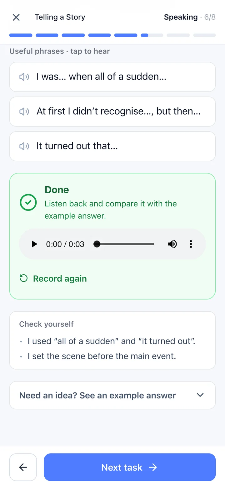 A recorded spoken answer, ready to play back, with useful phrases above it