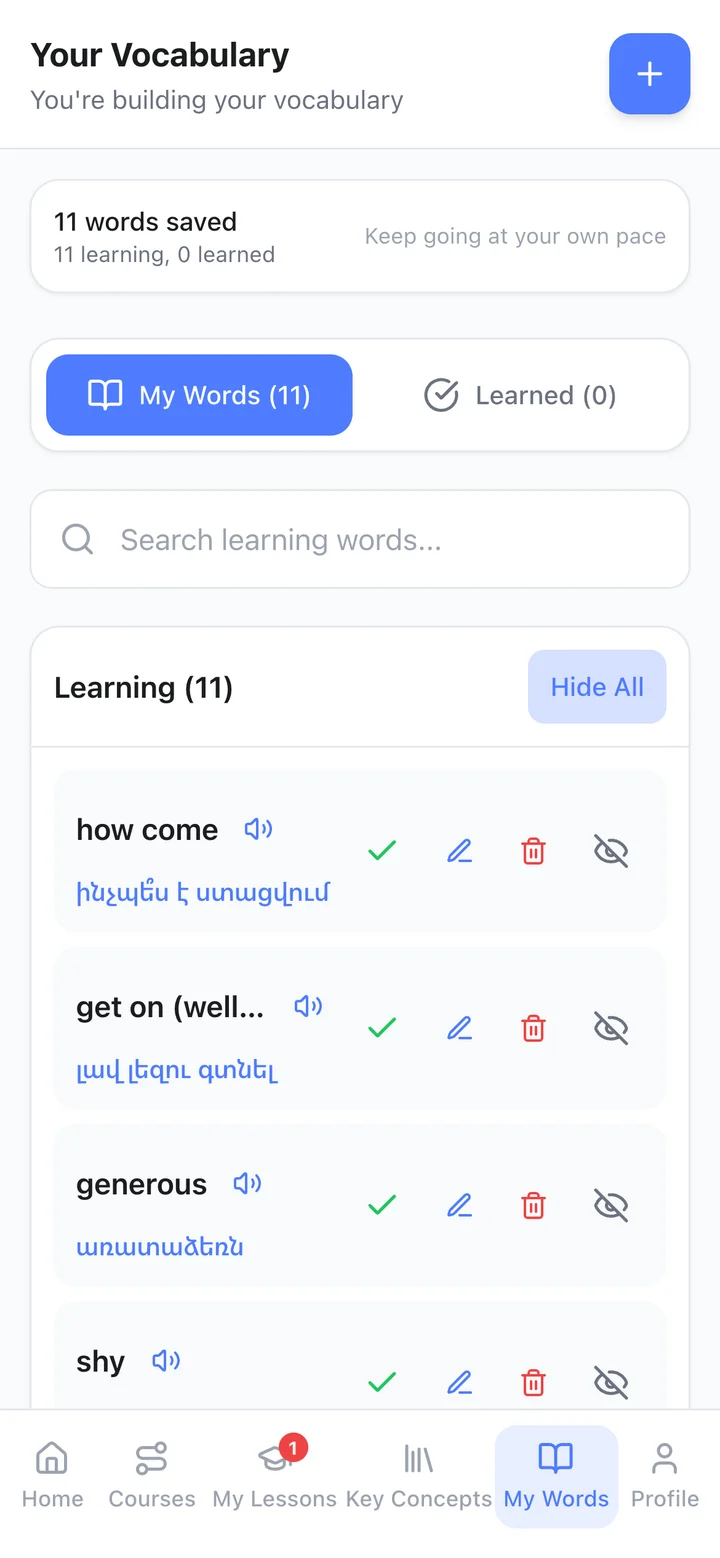 My Words: saved words with audio and their translations