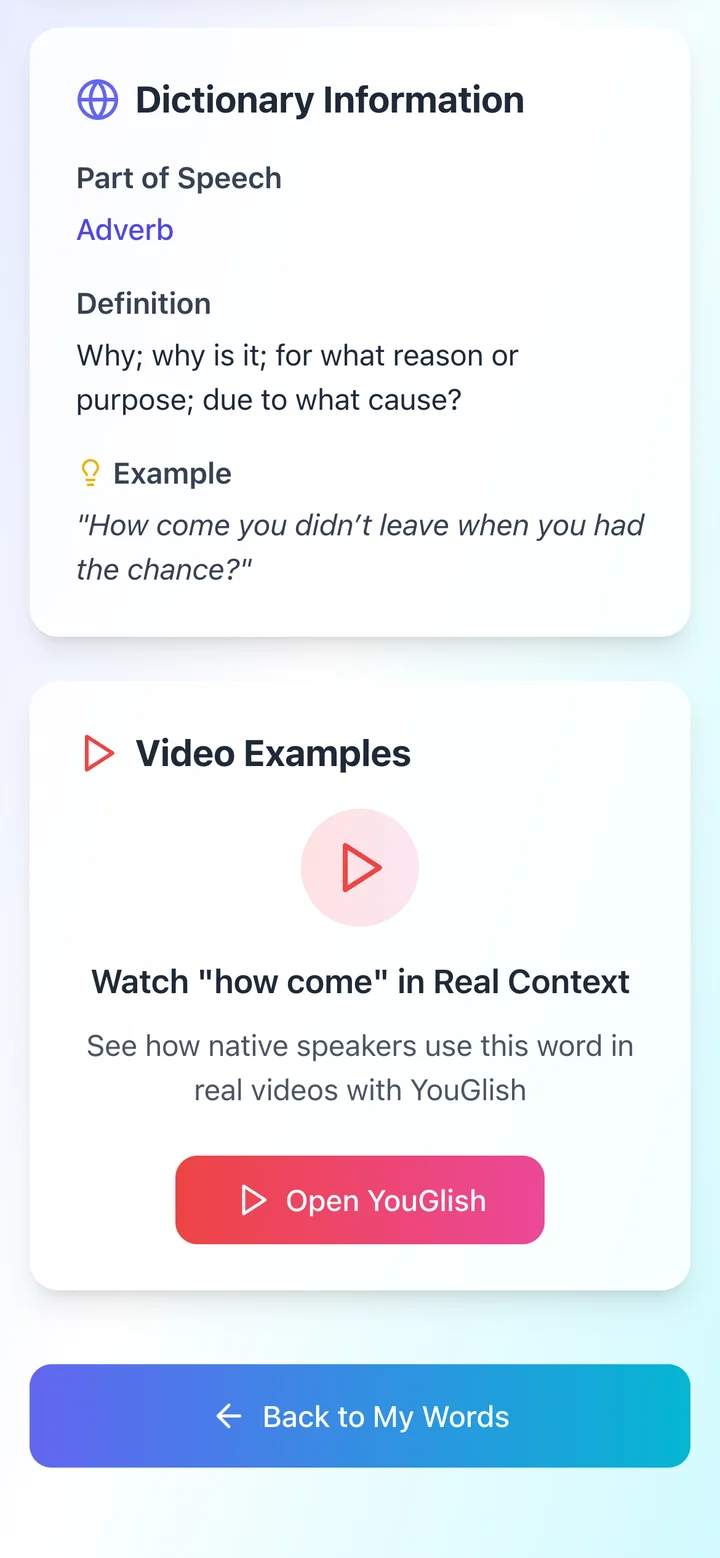A saved word with its definition, an example and an Open YouGlish button